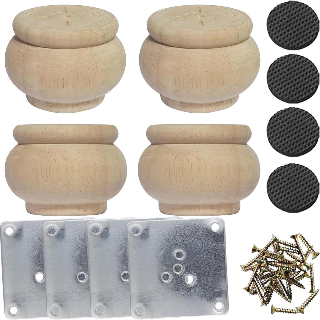 2 Inch Wooden Furniture Legs, Solid Wood Unpainted Replacement Furniture Legs, Cabinet Legs/Desk/Sofa/Bookcase Bun Feet, DIY Wooden Round Legs with Mounting Plate & Screws Set of 4 (2 Inch)