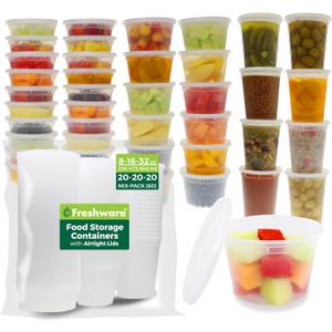 Freshware Food Storage Containers with Lids [60 Pack] 8, 16, 32 oz, 20 sets each Plastic Deli Containers, Meal Prep Containers, Microwave and Freezer Safe, Stackable, Leakproof, BPA Free, Clear