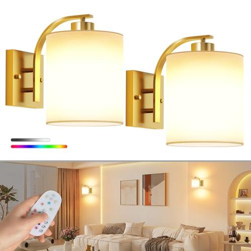 Aiilsmp Battery Operated Wall Sconce Set of Two,Gold Rechargeable Wall Lights with Dimmable Bulbs and Remote,12 Colors Wireless Wall Sconce for Bedroom Living Room Hallway