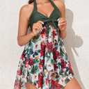 MiYang Womens Tankini Swimdress with Boyshorts Two Piece V Neck Bowknot Halter Bathing Suit Dress (Green, XL)