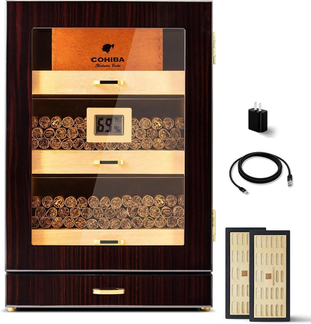 Woodronic Cigar Humidor, Spanish Cedar Cigar Humidor Cabinet with LED Light, Magnetic Door, Accurate Digital Hygrometer, Dividers and Cigar Accessory Drawer, Gift for Men100-150 Cigars
