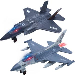 Double Fighter Jet Toy, F35 & F16 Diecast Planes with Lights & Sounds, Pull Back Military Airplane Toy Gift for Toddler,Kids, Boys