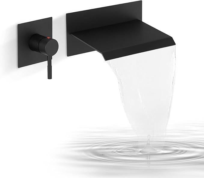 BATHLAVISH Waterfall Bathtub Faucet Wall Mount Single Handle Bath Tub Faucet with Rough in Valve High Flow Waterfall Tub Spout Mixer Tap Lavatory with Tabletop, Matte Black