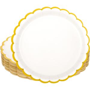 AimFun White Scalloped Party Plates Gold Foil Border Paper Plates Disposable 9inch Serving Plates for Birthday Wedding Bridal Baby Shower Party Supplies (48, White)