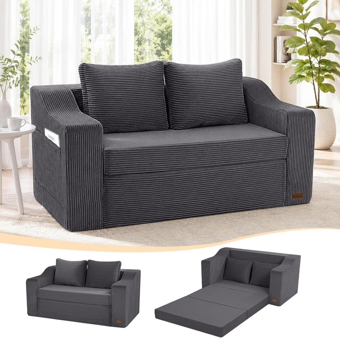 MeMoreCool Small Loveseat Sofa Bed - 58" Striped Corduroy Boneless Couch, 2-Seater Convertible Pull Out Futon with Memory Foam, Removable Washable Cover for Living Room Apartment Small Space
