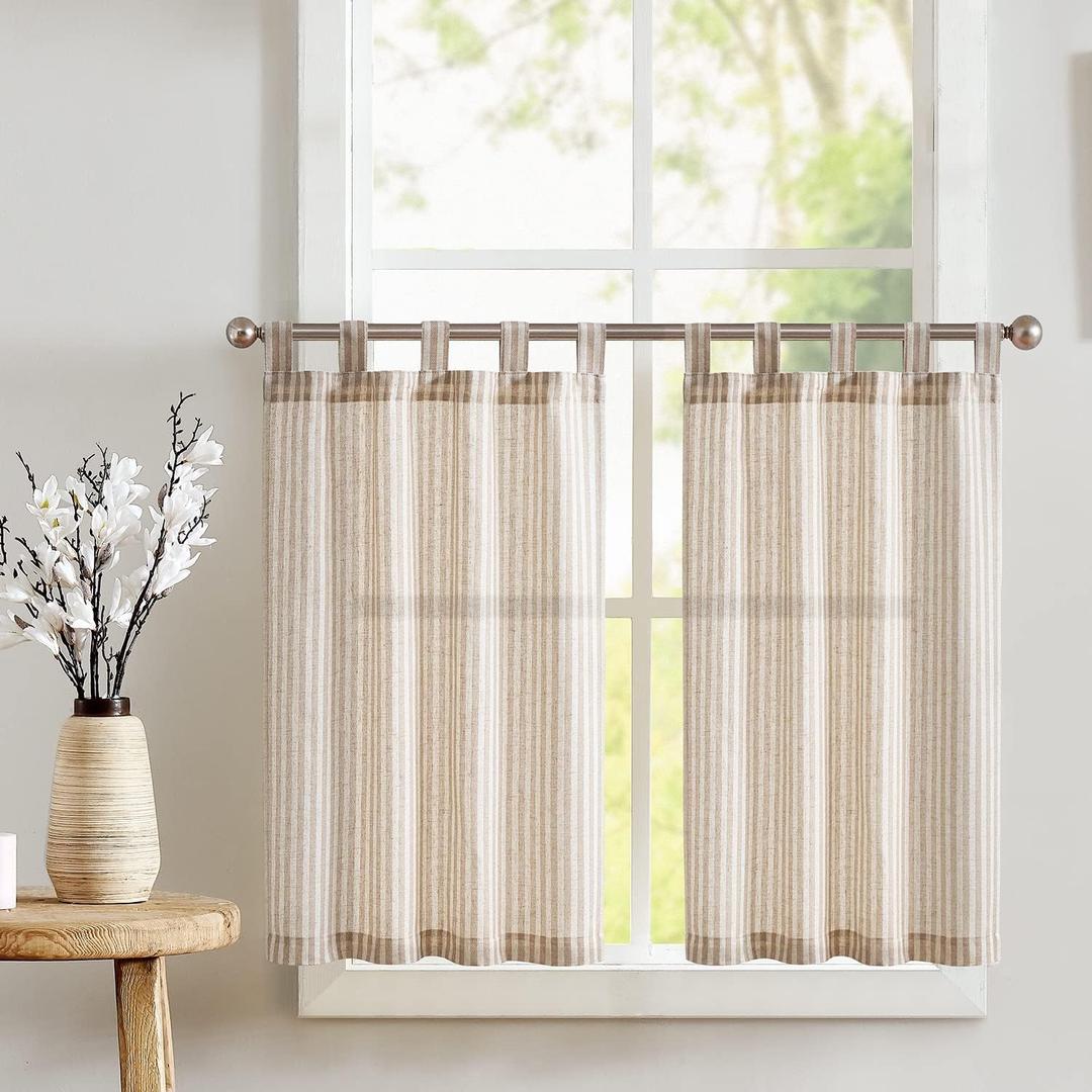 jinchan Tab Top Linen Kitchen Curtains 24 Inches Striped Tier Curtains Farmhouse Modern Cafe Style Small Window Treatments Airy Light Filtering Rod Pocket for Living Room Bathroom 2 Panels Tan