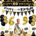 27pcs 69th Birthday Decorations for Men, Black Gold 69th Party Decorations, Happy 69th Birthday Banner Honeycomb Hanging Swirls Cake Topper and Balloons Kit Party Supplies