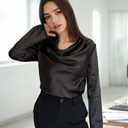 Women's Elegant Solid Satin Cowl Neck Blouse Long Sleeves Casual Business Dressy Shirts Office Work Ladies Top (Black, M)