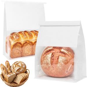 50 White Bread Bags with Tabs for Homemade Sourdough Bread, 8.7" x 4.3" x 11" Paper Bakery Bread Bags with Window/Ties, Large Bakery Loaf Bags for Gifting, Baked Goods Packaging