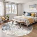 8ft Round Area Rug Living Room Rugs - 8x8 Washable Large Soft Indoor Neutral Modern Abstract Low Pile Rug Carpet for Bedroom Dining Room Farmhouse Home Office - Beige Blue