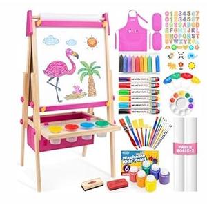 Art Easel for Toddlers Kids, Adjustable Standing Art Easel with Magnetic Chalkboard & Whiteboard, DryErase Board, Paper Roll, Drawing & Painting Easel for Kids Ages 3 48 912, Pink w/Bag