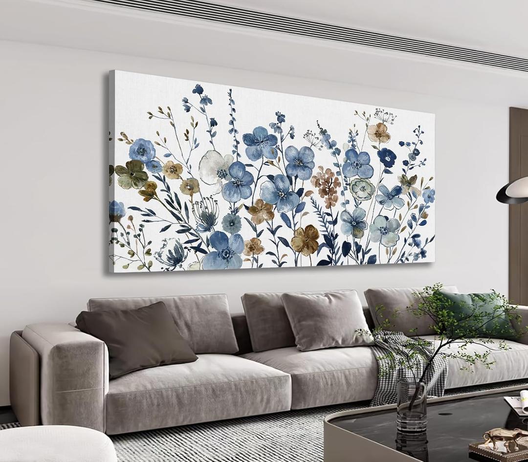 LUEAXRG Floral Wall Art - Abstract Flowers Canvas Pictures for Living Room Wall Decor, Indigo Brown Botanical Prints Modern Nature Painting Artwork for Bedroom Kitchen Office Decor 29" x 58"