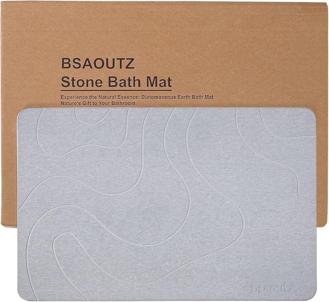 Stone Bath Mat, Natural Diatomaceous Earth Bathroom Rug, Super Absorbent, Quick Dry, Non-Slip Stone Mats for Bathroom, Kitchen, Entryway, Easy to Clean (Curve Light Grey 1 Pack), 1'3" x 1'11"