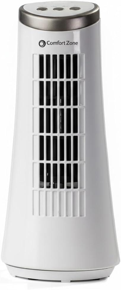 Comfort Zone 12-Inch Oscillating Desktop Tower Fan  Ultra-Slim Bladeless Design with 2 Speeds, Electronic Touch Controls & Carry Handle  Quiet Portable Personal Fan for Bedroom, Dorm, or Office (White)