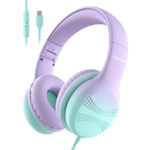 Voopwink USB Type C Kids Headphones, Wired Headphones for Kids with Microphone 85/94dB Volume Limit, Stereo Sound Portable Over Ear Headphones for School/Travel/Tablet/iPad, Green Violet