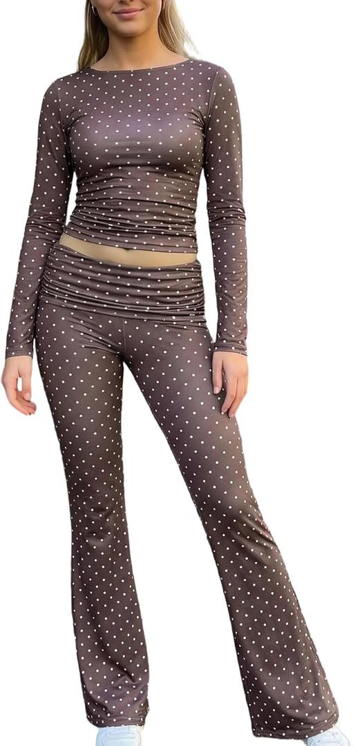Mxiqqpltky Polka Dot Pants Sets Women 2 Piece Lounge Outfits Y2k Long Sleeve Top and Fold Over Leggings Pants Tracksuit Sets (Brown, S)