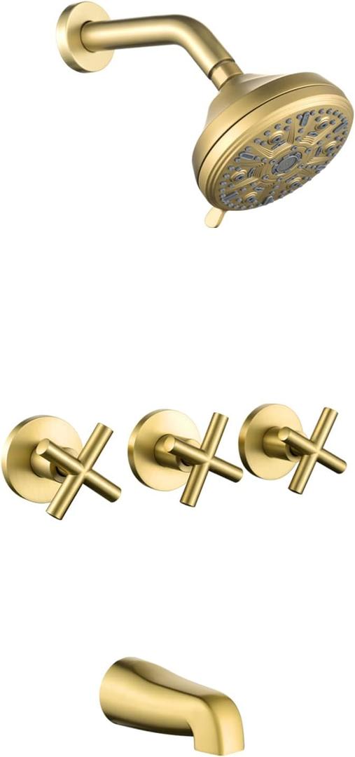 3 Handles Shower Faucet Set with Tub Spout Bathtub Shower Faucet Combo Set Shower System Complete Tub and Shower Trim Kit Brushed Gold