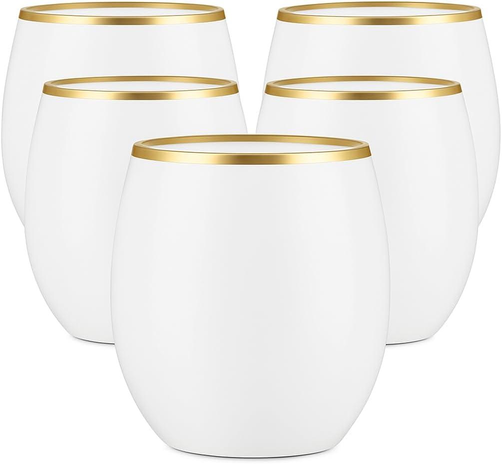 40 count Unbreakable Stemless Plastic Wine Champagne Whiskey Glasses Elegant Durable Disposable Indoor Outdoor Ideal for Home, Office, Bars, Wedding, 12 Ounce Cups Gold Rim (White Matte Gold)