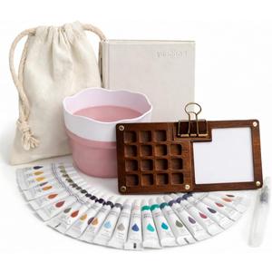 Mini Black Walnut Watercolor Travel Set: Portable Modular Kit with 24 Pro Colors, Canvas Tool Bag, 300gsm Sketchbook, Collapsible Cup & Brass Clip - Luxury Gift for Urban Sketching & Plein Air