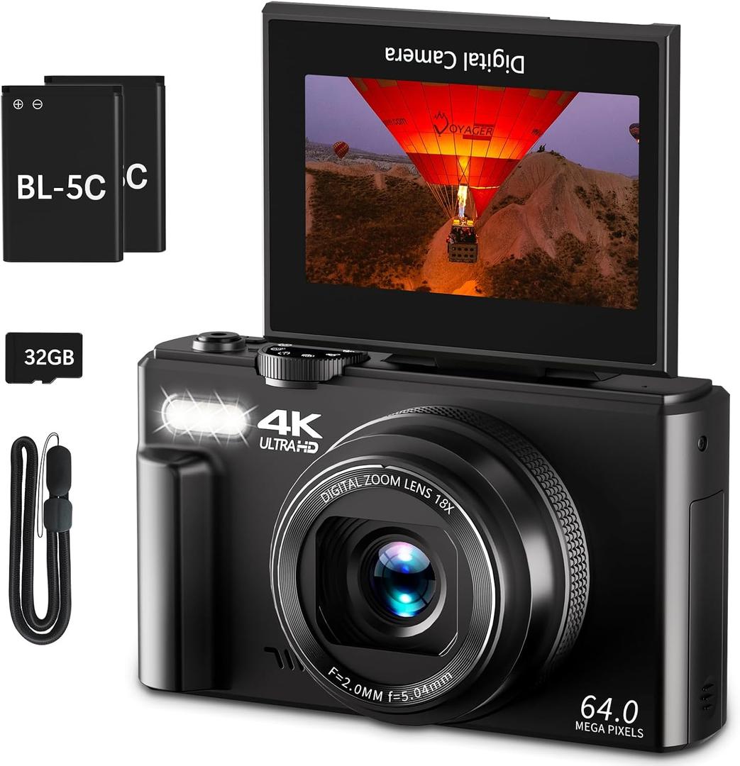 4K Digital Camera for Photography, 64MP Vlogging Camera for YouTube with 3" 180 Flip Screen, 18X Digital Zoom Point and Shoot Camara with 32GB Micro SD Card for Beginner (Black)