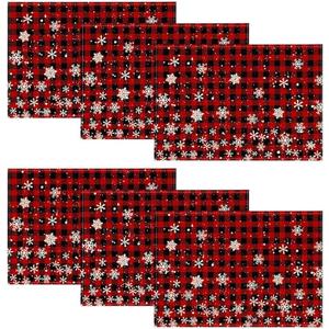 Artoid Mode Red and Black Buffalo Plaid Christmas Placemats for Dining Table, 12 x 18 Inch Seasonal Winter Xmas Snowflakes Holiday Rustic Vintage Thanksgiving Washable Table Mats Set of 6