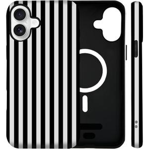 for iPhone 17 Case Cute Striped Phone Case Compatible with MagSafe, Dual-Layer Shock Protection(Hard PC + Silicone) - Aesthetic Protective Phone Cover for Women Girl, Black and White