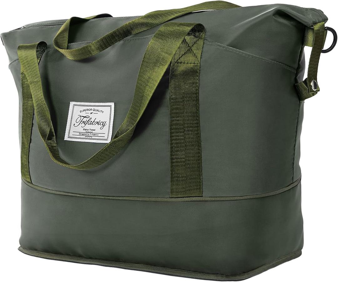 Travel Duffel Bag - Large Shoulder Weekender Overnight Bag, Carry on Bag with Wet Pocket, Waterproof Expandable Duffel Bag with Trolley Sleeve, Sports Tote Gym Bag for Women, Olive Green