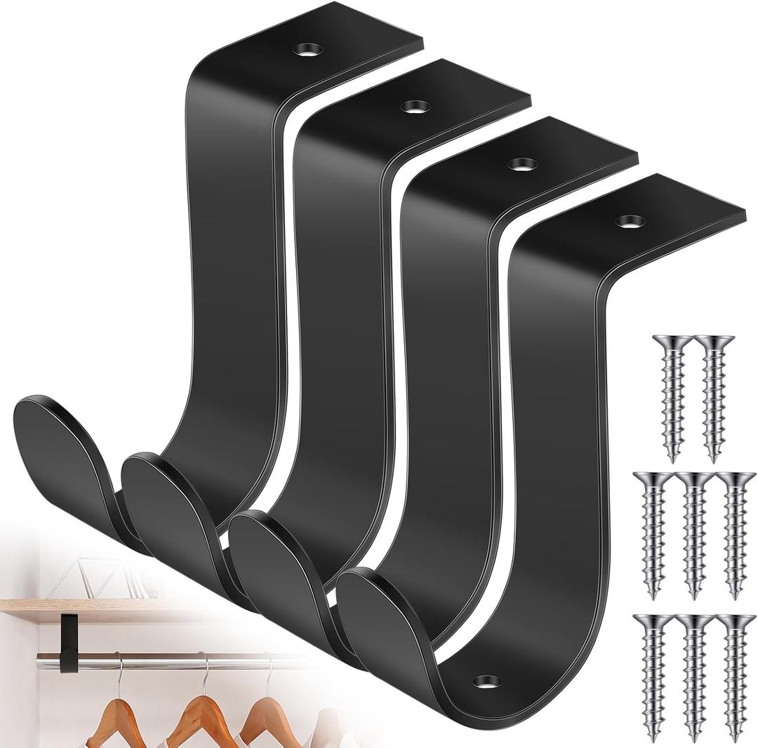 Hicarer 4 Pcs Closet Rod Bracket 1.38 Inch Heavy Duty Wall Mounted Rod Brackets with Screws Metal Closet Pole Support for Living Room Bedroom Shelf Office(Black)