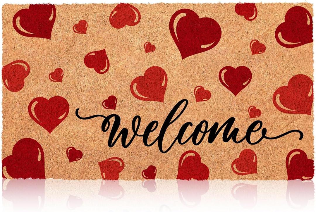 Blosssound Valentine's Day Natural Coir Doormat 17x29 Inch Love Heart Rugs Welcome Nature Coir Kitchen Mats Non Slip Entrance Floor Rugs for Indoor and Outdoor Holiday Decor Supplies