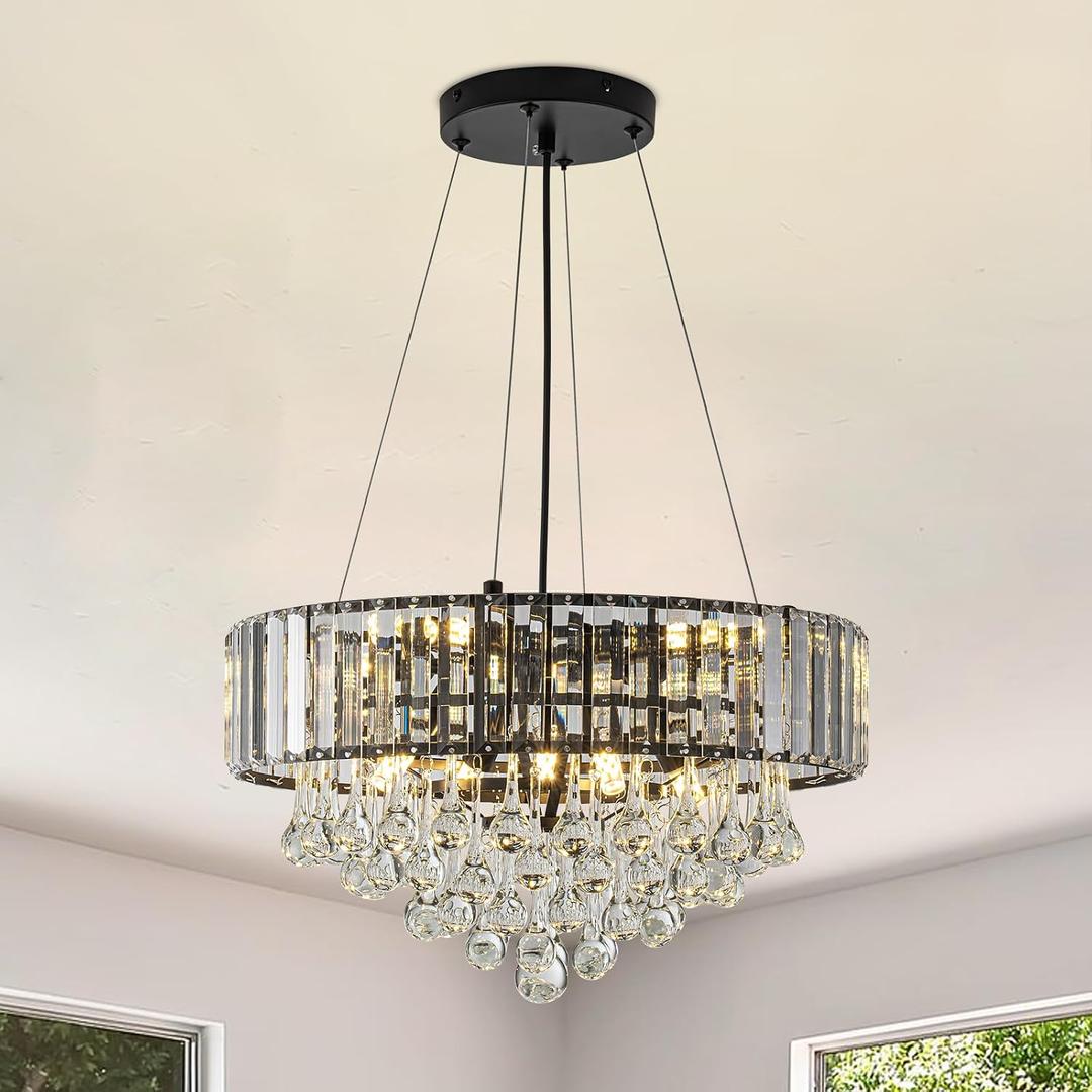 HOPGGIE 17 Inch Crystal Chandeliers Flush Mount Chandelier G9 Base Round Modern Ceiling Light Fixture Pendant Lighting for Living Room Dining Room Laundry Room Kitchen Bedroom (Black)