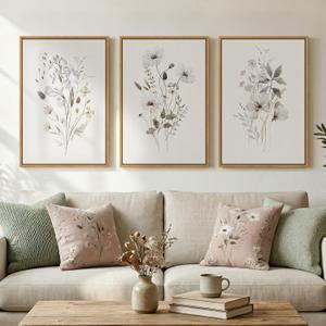 Framed Neutral Botanical Floral Wall Art, 3 Piece Modern Farmhouse Flower Canvas Artwork for Walls, Rustic Minimalist Wildflower Plant Painting Prints for Living Room Bedroom Hallway Home Decor, 16x24, 16" W x 24" H x 3Pcs