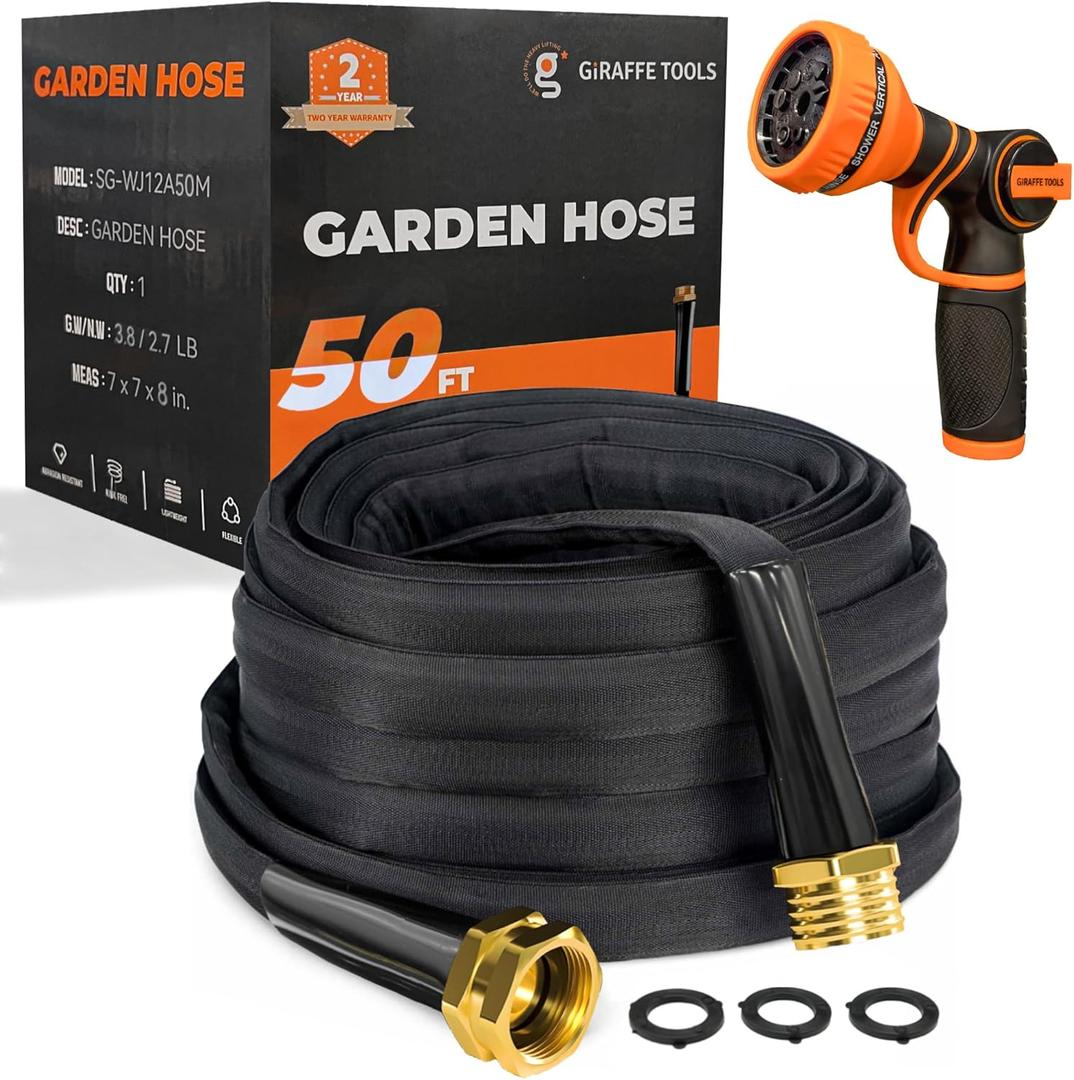 Giraffe Tools Garden Hose 50FT Lightweight Lay Flat Water Hose Kink Free Flexible Hose with 9 Spray Function NozzleBlack