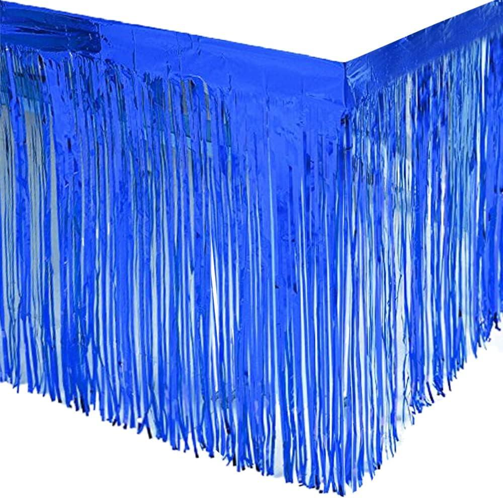 4 Pack Metallic Foil Fringe Table Skirt Tinsel Party Table Skirt Banner for Parade Floats Mardi Gras Party DecorationL108 inH 29in (Blue)