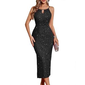 BeryLove Sequin Prom Wedding Guest Cocktail Glitter Spaghetti Strap Dress Evening Sexy Party Bodycon Slit Dresses RBLS0032 Black XL