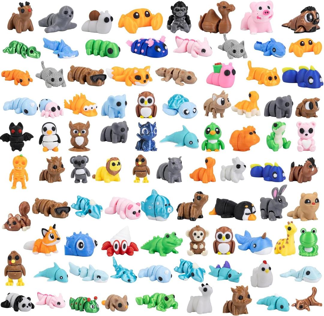 108 PCS Mini 3D Printed Animals, Articulated 3D Animal Fidget Toys Also Known as Wigglitz, Small 3D Printed Animal Figures for Classroom Prizes, Party Favors and Group Activities