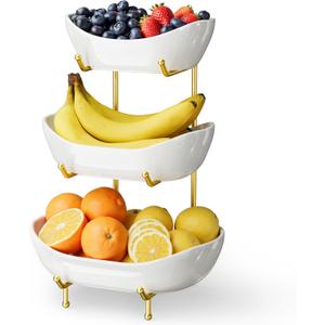 3 Tier Ceramic Fruit Bowl for Kitchen Counter Fruit Basket with Gold Metal Stand, Fruit Holder for Snacks, Nuts, Cakes, Desserts, Bread, Candy Storage