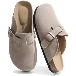 Suede Clogs for Women Leather Mules with Cork Footbed Arch Support Potato Shoes Men Womens Slip-On Clog with Adjustable Buckle Unisex Slippers Flats (M)