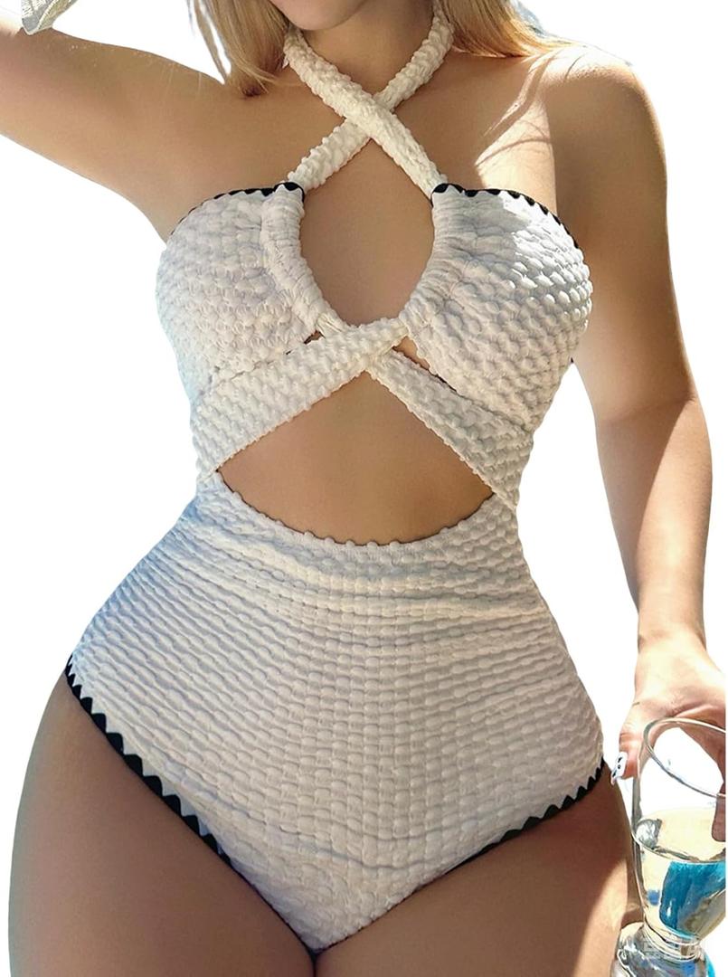 SHENHE Women's Cut Out One Piece Swimsuit Tummy Control Criss Cross Halter Bathing Suits (Medium, White)