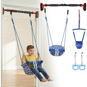 Slevoo Kids Doorway Jumper Swing with Pull-Up Bar Gym, 4-in-1 Indoor Playground Set, Fits 28"-37" Hallway Doorway Exercise & Play Equipment for Toddlers & Kids