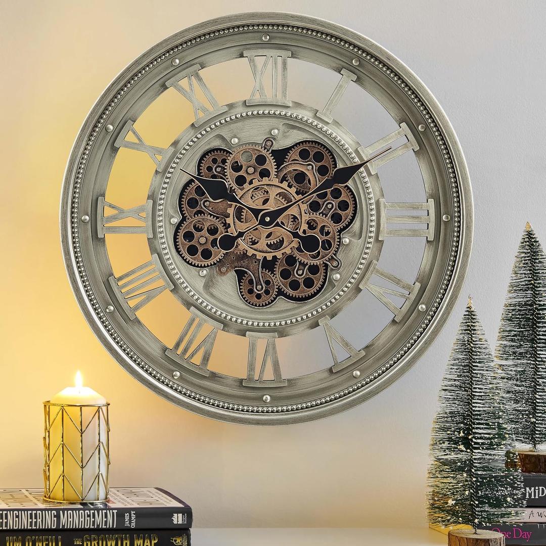 CLXEAST 24 Inch Wall Clock with Moving Gears, Oversized Large Roman Numeral Wall Clocks for Living Room Decor, Antique Champagne Finish, House Warming Gifts New Home