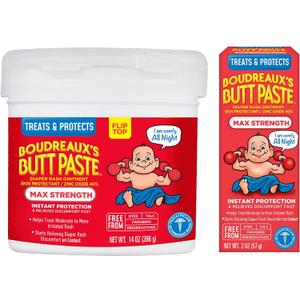 Boudreauxs Butt Paste Max Strength Diaper Rash Cream for Baby, Ointment With Zinc Oxide, 2 oz Tube & 14 oz Jar