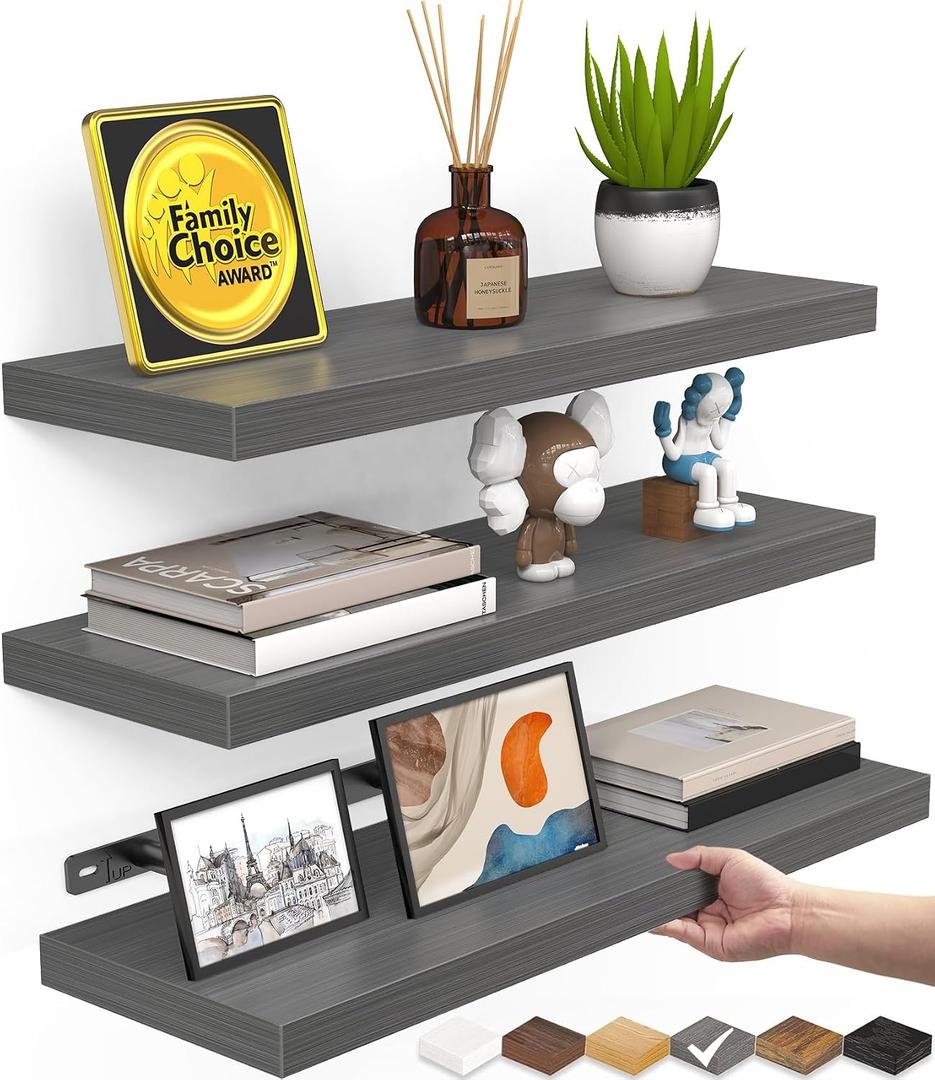 BAYKA Grey Floating Shelves for Wall, Set of 3, Wall Mounted Rustic Wood Shelves for Bathroom, Bedroom, Living Room, Kitchen, Small Hanging Shelf for Books/Storage/Room Decor, 15.7in