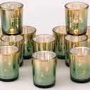Volens Green Votive Candle Holders Set of 12, Speckles Mercury Glass Tealight Candle Holder Bulk for Table Wedding Centerpiece, Green and Gold Party Decorations & Home Decor