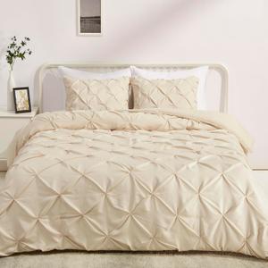 Amazon Basics Soft, Breathable Queen Size Comforter Set, All-Season Down-Alternative 3-Piece Bedding Set, Pinch Pleat Design with Piped Edges, Full/Queen, Beige
