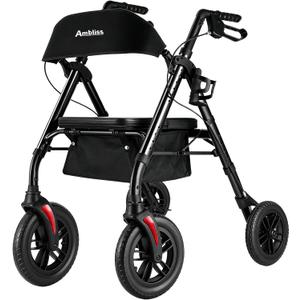 Ambliss Lightweight Folding Rollator Walker for Seniors with Seat, 10" All-Terrain Non-Pneumatic Wheels, Wide Padded Seat & Breathable Backrest, Adjustable Height 5'2"-6'7", 300 lbs Capacity (Purple)
