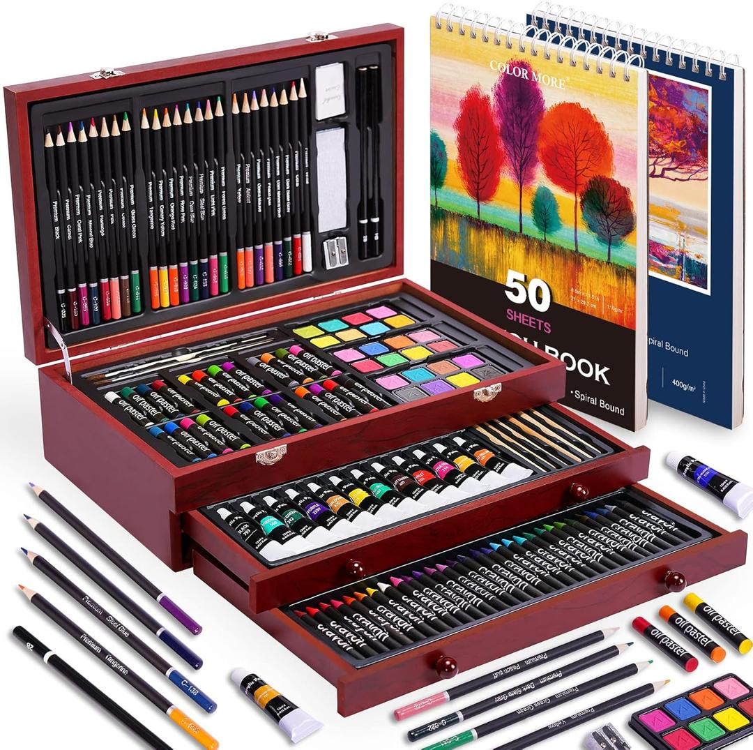175 Piece Deluxe Art Set with 2 Drawing Pads, Acrylic Paints, Crayons, Colored Pencils, Paint Set in Wooden Case, Professional Art Kit, Art Supplies for Adults, Teens and Artist, WoodMuse Plus (Cherry)