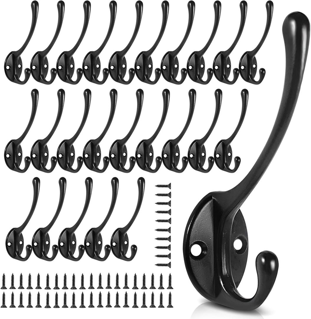 Dual Prong Coat Hooks Wall Mounted Retro Double Hooks Utility Black Hook for Coat Scarf Bag Towel Key Cap Cup Hat 3.15" x 2.17"(L x H) with Wood Piece