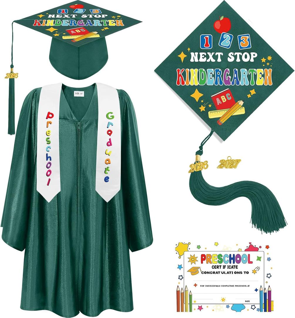 Bokon 4 Pcs 2026 Kindergarten Preschool Graduation Cap and Gown with Tassel Graduation Stole and Certificate for Toddler Kids(27,Green)