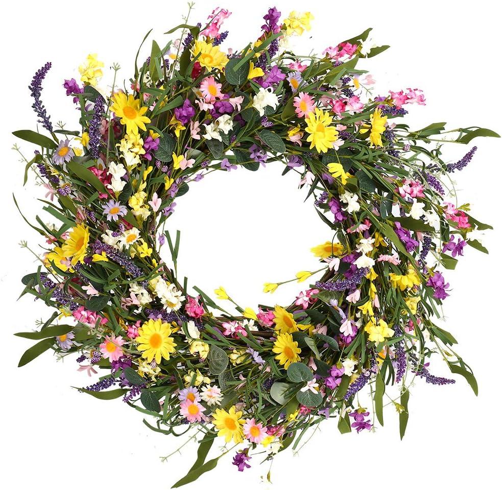 J'FLORU Spring Wreath 24 Inch Summer Wreaths for Front Door Artificial Flower Wreath with Daisy and Lavender for Indoor Outdoor and Easter Celebration