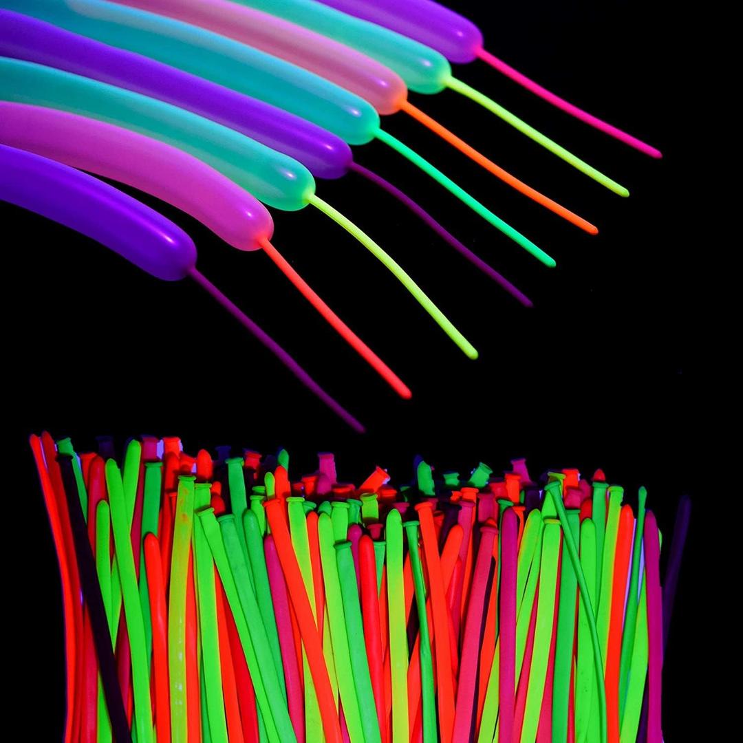 Glow King Neon Tying Balloons - Fluorescent Neon Glow Party Balloons for Tying Balloon Animals - Blacklight Reactive Party Supplies - Neon Party Decorations for Black Light Parties - (75)